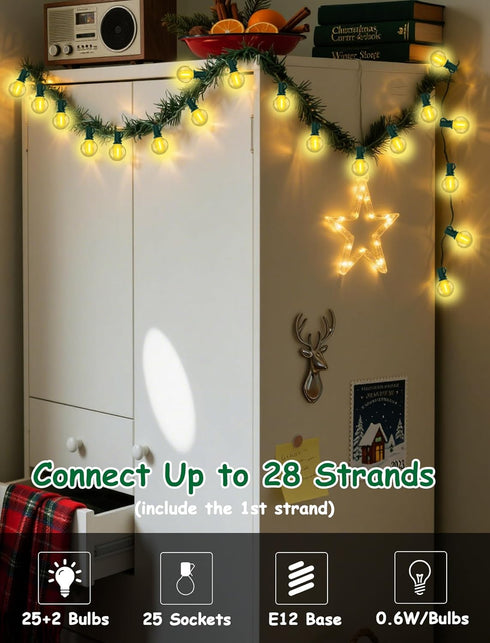 25FT G40 27 Bulbs, LED Outdoor Christmas String Lights Waterproof, Hanging Globe Patio Lights with LED Shatterproof
