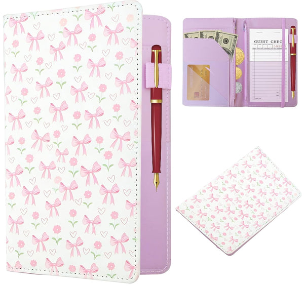 GWIQVEI Leather Server Book with 2 Zipper Pockets, Waitress Order Pad Holder for