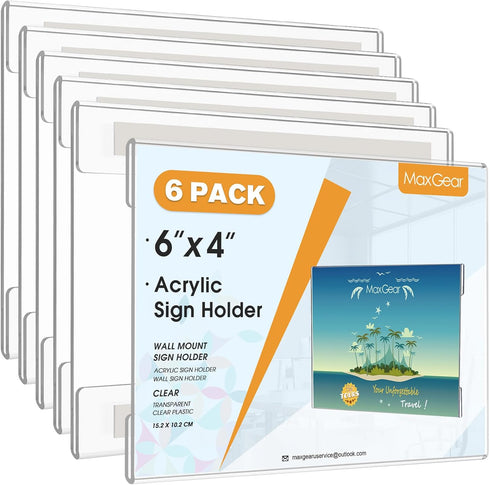 MaxGear Acrylic Sign Holder 4x6, Clear Plastic Wall Mount Sign Holder with Double Sided Tape, Document Holder for Home,