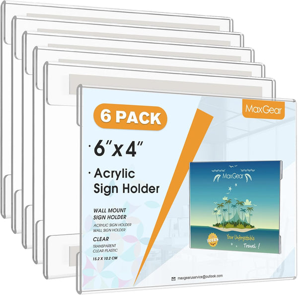 MaxGear Acrylic Sign Holder 4x6, Clear Plastic Wall Mount Sign Holder with Double Sided Tape, Document Holder for Home,