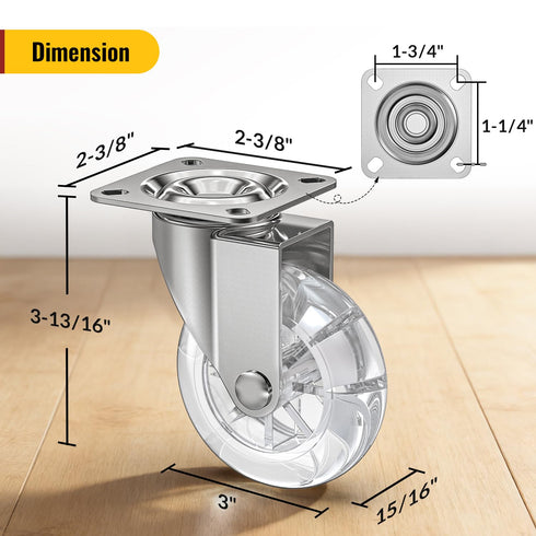 3 Inch 360 Set 4,Max 350lb 350lbs Degree Swivel Transparent Casters, Modern Furniture Wheels for Rolling Carts