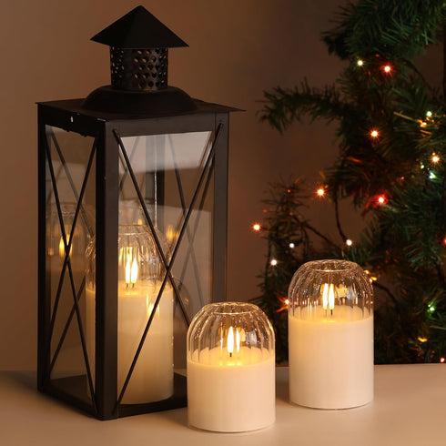 Set 3 Clear Glass Flameless Candles with Remote, Flickering LED Pillar Candles Battery Powered Ribbed Dome Top