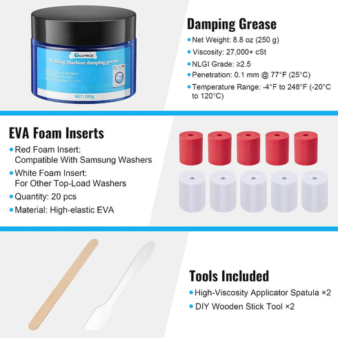 (3.5oz,White Red,20pcs) Washing Machine Damping Grease with Foam Inserts for Suspension Rods, Vibration & Noise