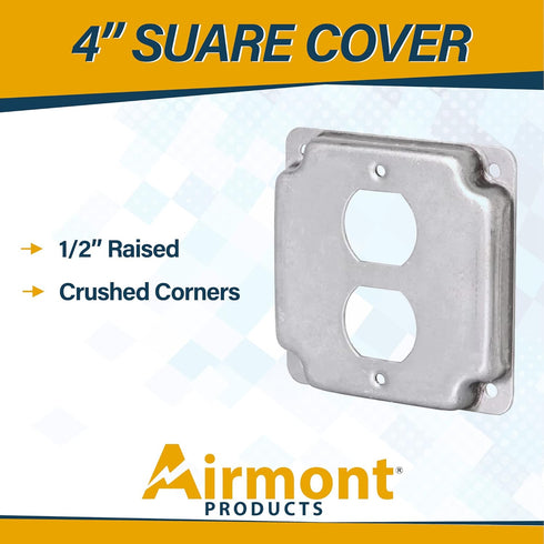AP-12096, 4" Square Duplex Receptacle Electrical Box Cover, 1/2" Raised, Exposed Work, Galvanized Steel, Crushed Corners