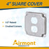 AP-12096, 4" Square Duplex Receptacle Electrical Box Cover, 1/2" Raised, Exposed Work, Galvanized Steel, Crushed Corners