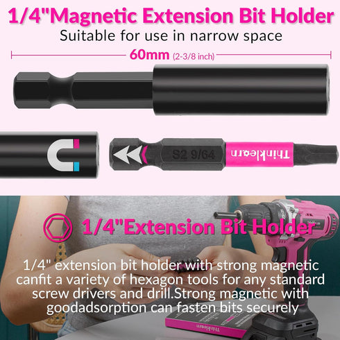 Pink Hex Head Allen Wrench Drill Bit Set, 20pcs (Metric&SAE), 1/4” Hex-Shank S2 Steel with Quick-Change Adapter