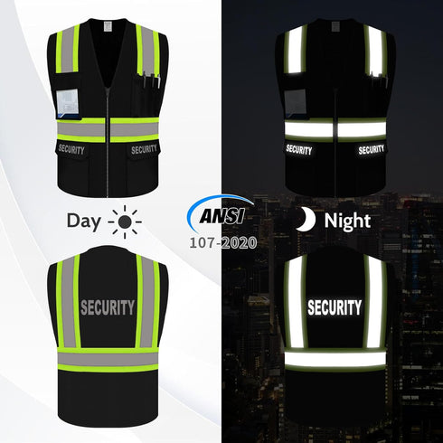 Security Vest for Security Guard, Safety Vest with Pockets, Reflective Work Wear with Zipper, High Visibility apparel