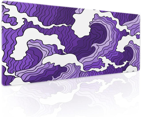 Japanese Purple White Wave XL Gaming Mouse Pad, Cartoon Sea Texture Extended Large Desk Cover, Non-Slip Rubber Base,