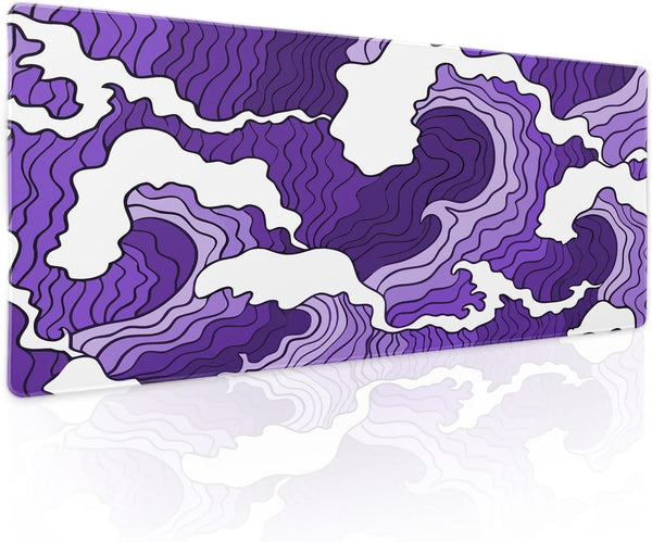 Japanese Purple White Wave XL Gaming Mouse Pad, Cartoon Sea Texture Extended Large Desk Cover, Non-Slip Rubber Base,