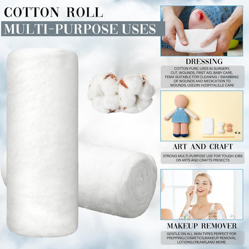 VitalCozy 2 Pack White Cotton Roll Non-sterile Cotton for Wound Care Absorbent Soft Cotton Rolled Multipurpose Cotton