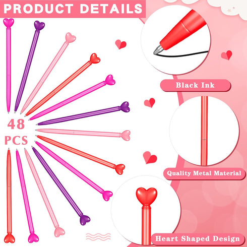 Valentine's Day 48 Pcs Heart Shaped Retractable Metal Ballpoint Pens with Black Ink Party Favor for School Office