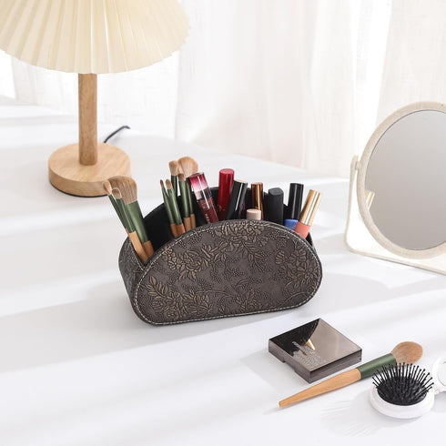 TV Remote Holder - PU Leather Organizer with 5 Compartments for Table, Office Desk for Pen and Stationary, Brown