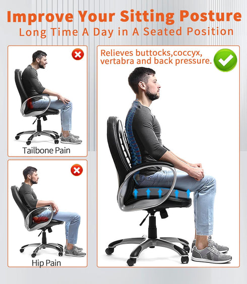 OKEJUNYE Tailbone Memory Foam Seat Cushion, Large Office Chair Cushions Chair Pad for Sciatica Coccyx Lower Back Pain