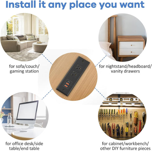 Kungfuking 20W 2 1 6.56FT Recessed Power Strip with PD USB C, Desk Outlet with USB-A and USB-C Ports, Recessed Power