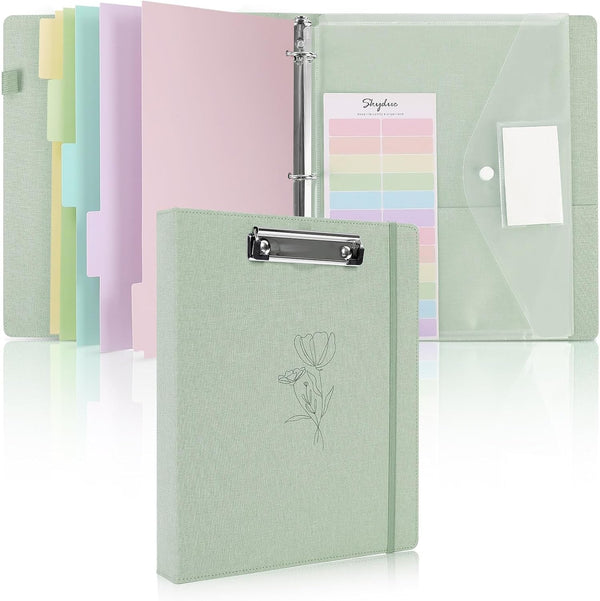 SKYDUE 3 Ring Binder with Clipboard, 1 Inch Linen Binder for 3 Hole Punch Letter Size Paper with 5 Dividers (Olive