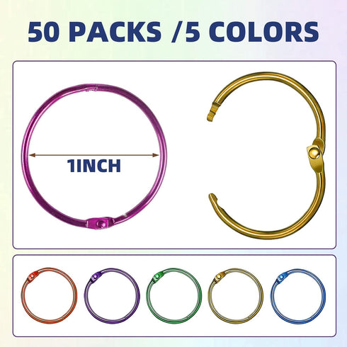 OWLKELA 1 Inch Binder Rings, 50 Pcs Metallic Assorted Colors, Office Book Rings