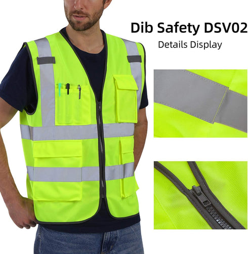 Vest Reflective ANSI Class 2 - High Visibility Vest with Pockets and Zipper, Construction Work Hi Vis Yellow XL