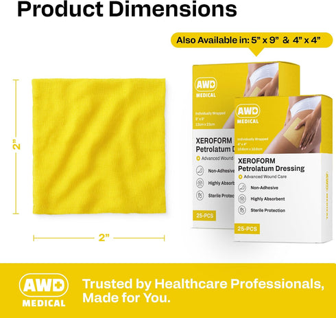 25) (2"x2") AWD Medical Xeroform Petrolatum Dressing - Non-Adhering Gauze Pad - Fine Mesh Gauze Patch Sterile