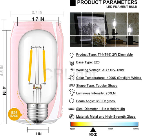 CRLight LED Tubular Bulb, 4000K Daylight White, 30W Equivalent, 300 Lumens, E26 Base, 6 Pack