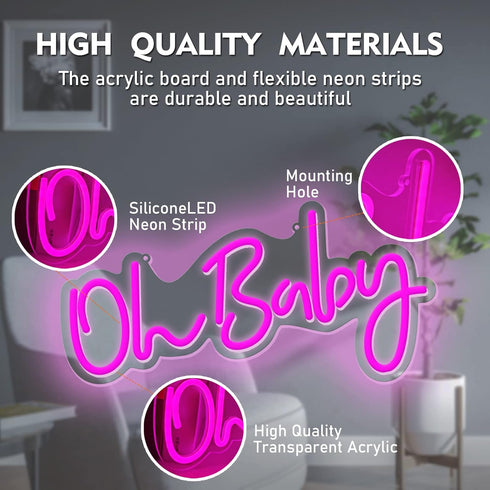 Fespcj 5V15.7 "X7.9"Pink Reusable Oh Baby LED logo for partiesBirthday Graduation Adult GiftFestival decorationDaily