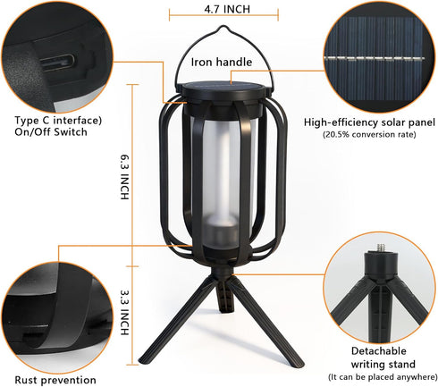 2 Pack 4 Solar Lantern Lights Outdoor Waterproof Flickering Flame Light, Solar Lights with Dual Charging (USB/Solar)
