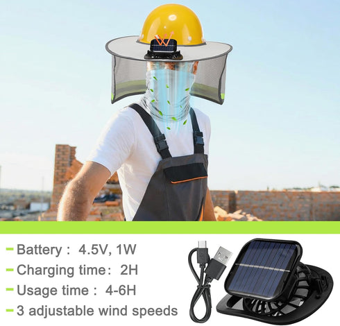 Floraltop 1 Set Solar Fan Sun Shade for Hard Hat Full Brim Neck Sunshade Cover with Cooling Fan High Visibility Mesh