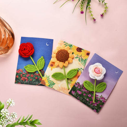 Crochet Flowers Greetings Cards for Mother's Day Gifts, Christmas,Handmade Crochet Sunflower Valentine's Day CardCute
