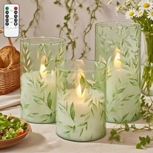 Summer Set 3 Green Flameless Candles with Remote Willow Leaf Design Battery Operated Candles - Elegant Home Christmas