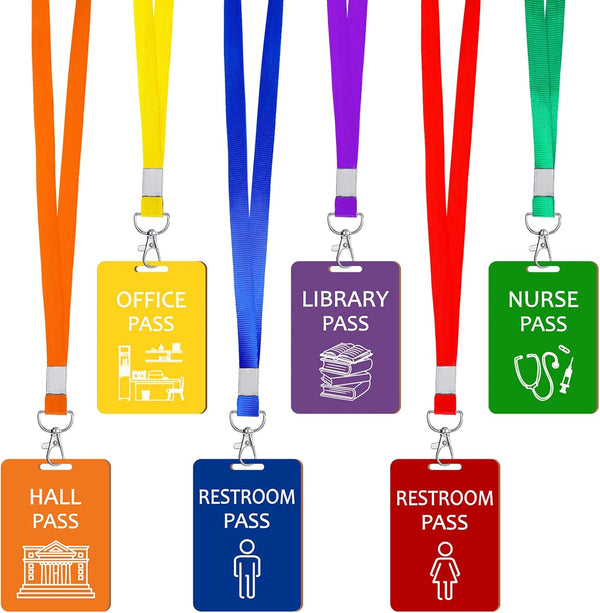 Sabary 6 Sets Hall Pass Lanyards - Unbreakable Wooden Bathroom Passes for Classrooms, Office & School Supplies