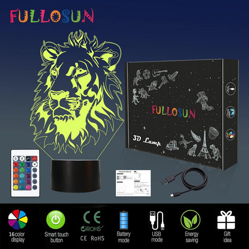 3D 16 FULLOSUN Lion Night Light, King Lion Gift Illusion Lamp for Kids Bedside Lamp with Remote Control Color Changing