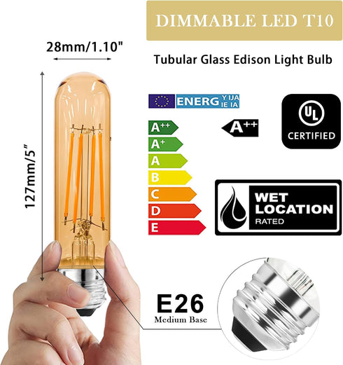 5 Inch E26 Bulb 80 2200K Bulb 6W Dimmable, 800LM T10 T9 Bulbs 120V 6Pack Led Equal Watt, Amber White Vintage Edison