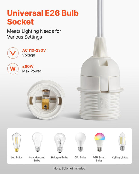 16ft 2 Pack E26 VEVOR Plug in Hanging Light Cord Kit, Lantern Extension Cords, Light Socket Lamp Cord Replacement