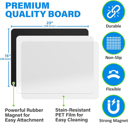 Extra Large Magnetic Dry Erase White Board Sheet for Fridge, 23x15", Stain Resistant with 3 Markers & Big Eraser