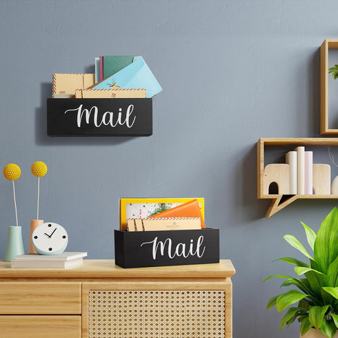 DRASTAR Mail Organizer, Mail Holder with 2 Slots, Wood Desk Mail Organizer, Black Envelope Holder for Home Office Decor