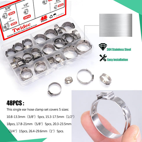 Twidec 48PCS PEX Cinch Clamps Kit, 5 Sizes, Stainless Steel Crimp Rings, Single Ear Hose Clamps for Pipe Fitting