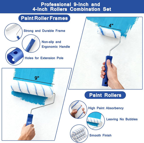 MAXWAVE 34 Set, 4" 9" 1.63 4 Paint Roller Kit with Extension Pole, Piece and Paint Rollers, Ft to Ft Pole, Painting