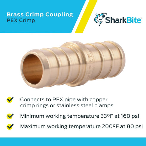 SharkBite 1/2 Inch Crimp Coupling, Pack of 10, Brass Plumbing Fitting for PEX Pipe