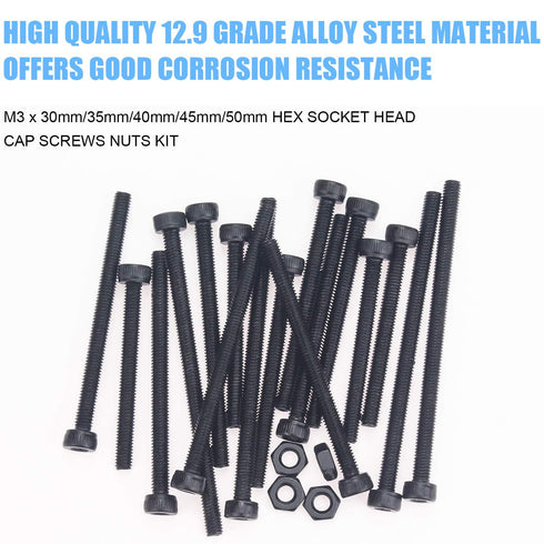 DYWISHKEY 200 Pieces M3 Hex Socket Head Cap Bolts Screws Nuts Kit with Hex Wrench, 12.9 Grade Alloy Steel