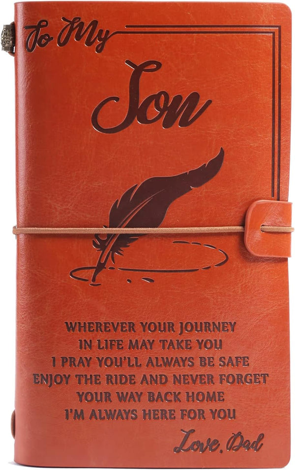 Leather Journal Personalized Carved Notebook for Dad, Handmade Birthday Gift to Son with Storage Bag and Sketch Book