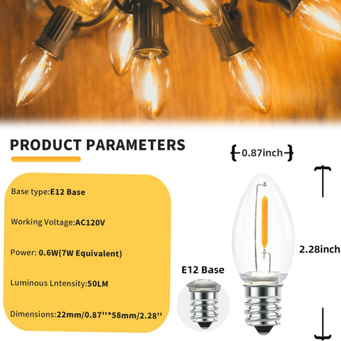 25 Pack Clear Glass LED C7 Light Bulbs, E12 Base, 0.6W Equivalent to 7W, Warm White for Candles, Chandeliers &