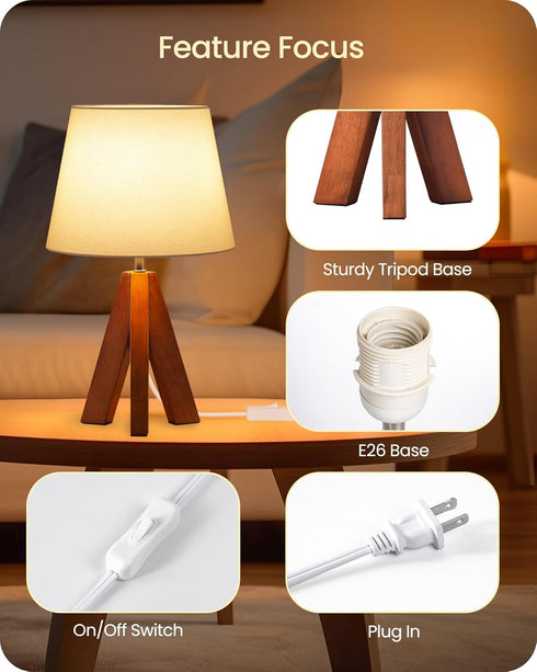 Set 2, LW51TLP205 Small Tripod Table Lamps of Modern Nightstand Lamp with Fabric Shade, Boho Bedside Wood Desk Light