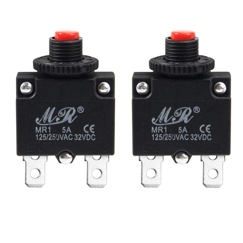 5 Amps Thermal Circuit Breakers 125/250V AC 32V DC Push Button Manual Reset, 2 Pack