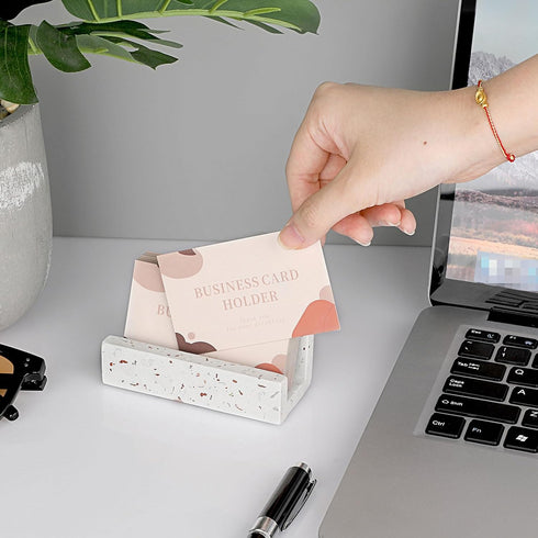 Hipiwe Terrazzo Business Card Holder for Desk, Concrete Display Stand for Women Men Office Organizer