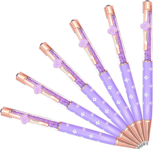 Gullor 6 Pieces Black Ink Pens: Medium Point Ballpoint Crystal Pen with Four-leaf Clover, Purple