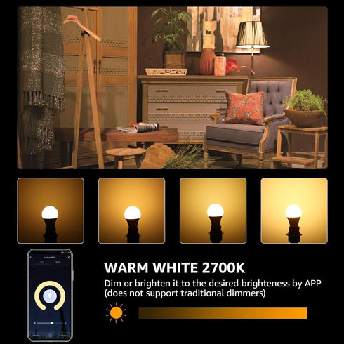 Lighting EVER LED Smart Light Bulbs, Compatible with Alexa and Google Assistant, 60 Watt Equivalent, Dimmable with App (Not Support Traditional Dimmers), Warm White 2700K, A19 E26, 2.4GHz WiFi Only by Lighting EVER