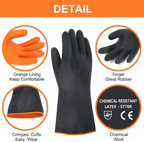 14" XL Latex Chemical Resistant Gloves, Heavy Duty Reusable Rubber Dishwashing Gloves for Men, Waterproof Protection