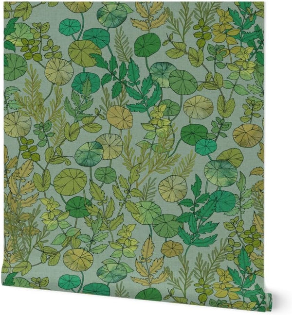 Commercial Grade Wallpaper Swatch - Green Leaves Mint Plants Gardening Peas Herbs