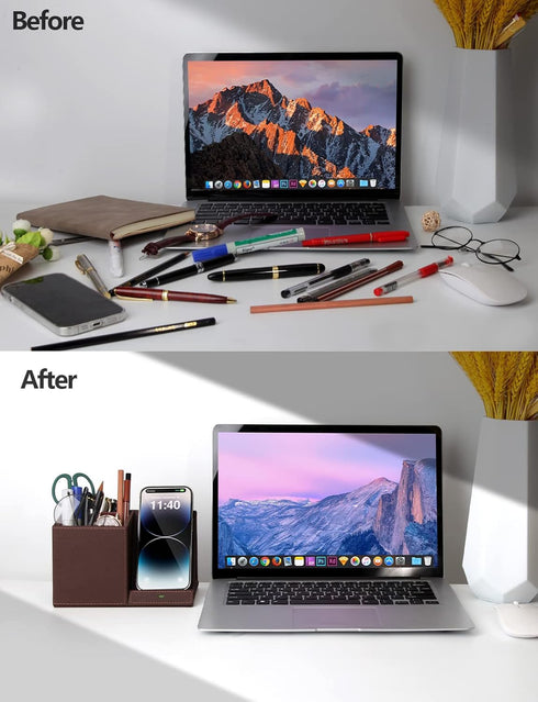 Desk Supplies Organizer with Multi-Functional Pencil Pen Holder and Wireless Charger, Home Office Storage Box Caddy
