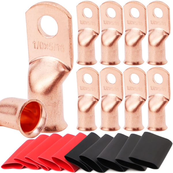 TKDMR 10pcs 1/0 AWG-5/16 Heavy Duty Battery Lugs, Ring Terminals with 10pcs 3:1 Heat Shrink Tubing