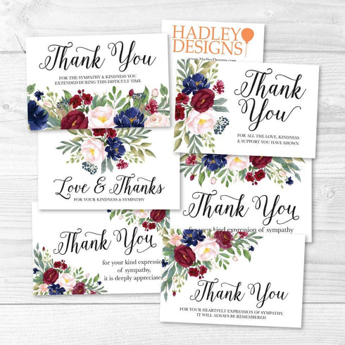 Hadley Designs 24 Sympathy Thank You Cards with Envelopes, Navy Burgundy Floral Bereavement Note, Personalized Memorial